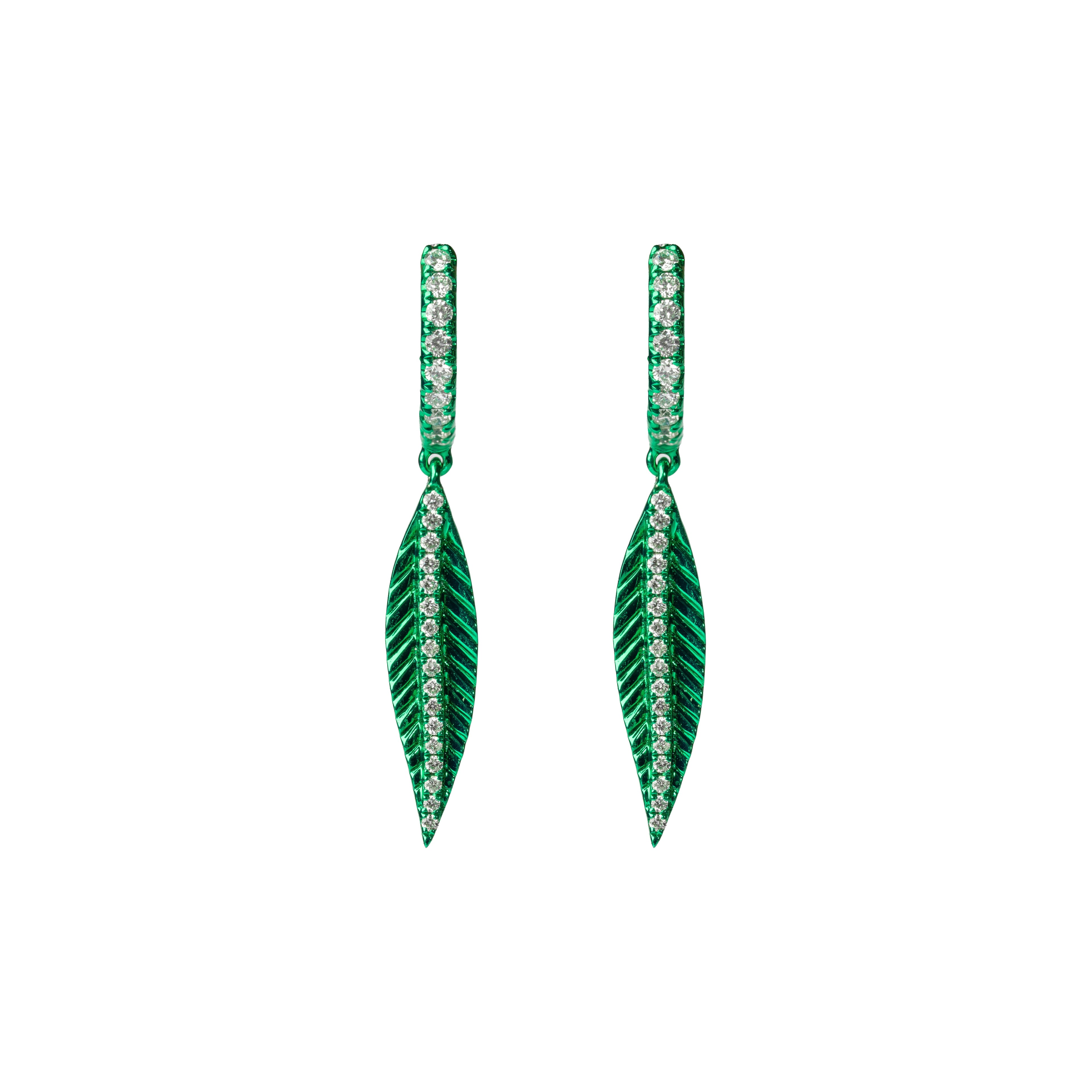 Green Rhodium Leaf Earrings
