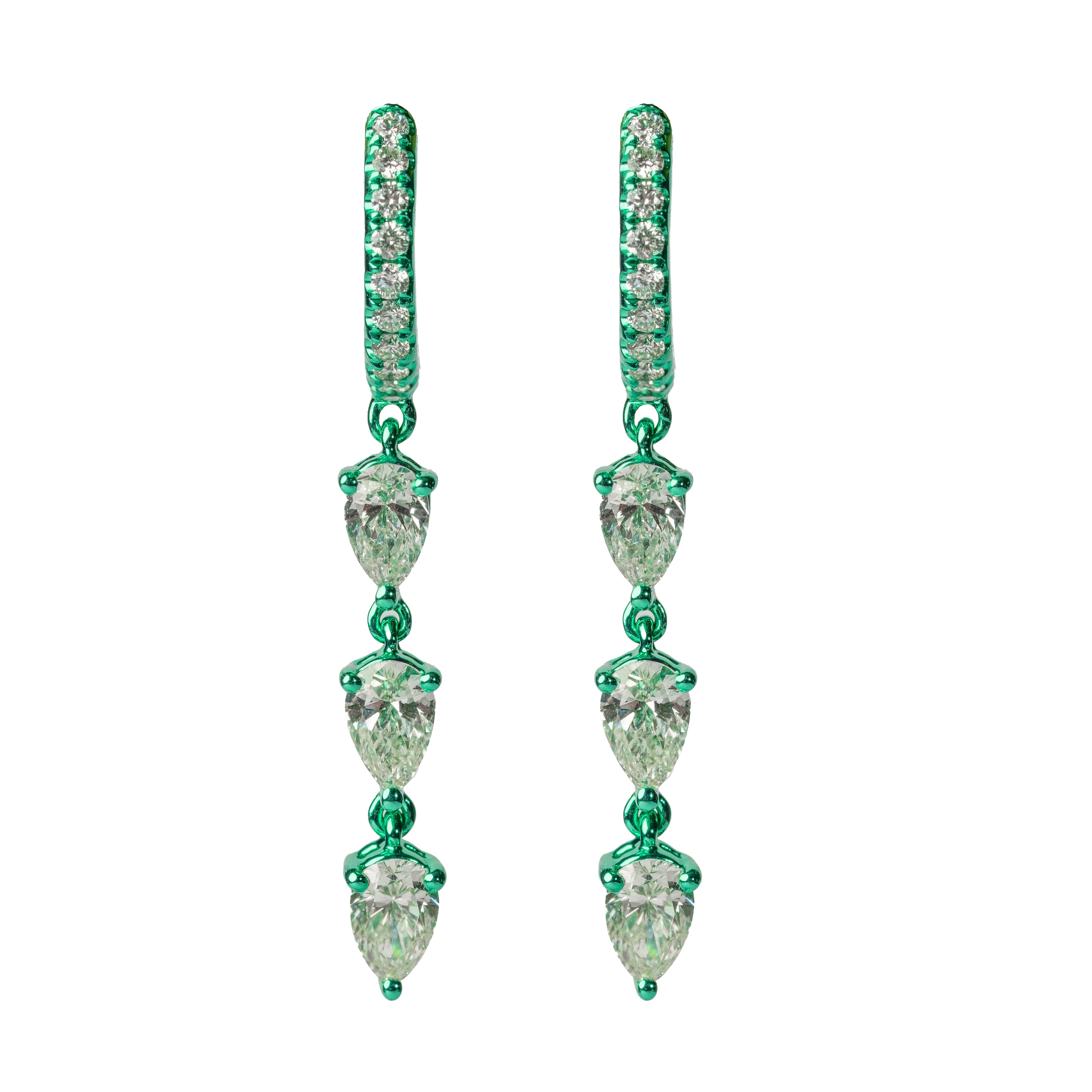 Green Rhodium Triple Diamond Pear Hoop
