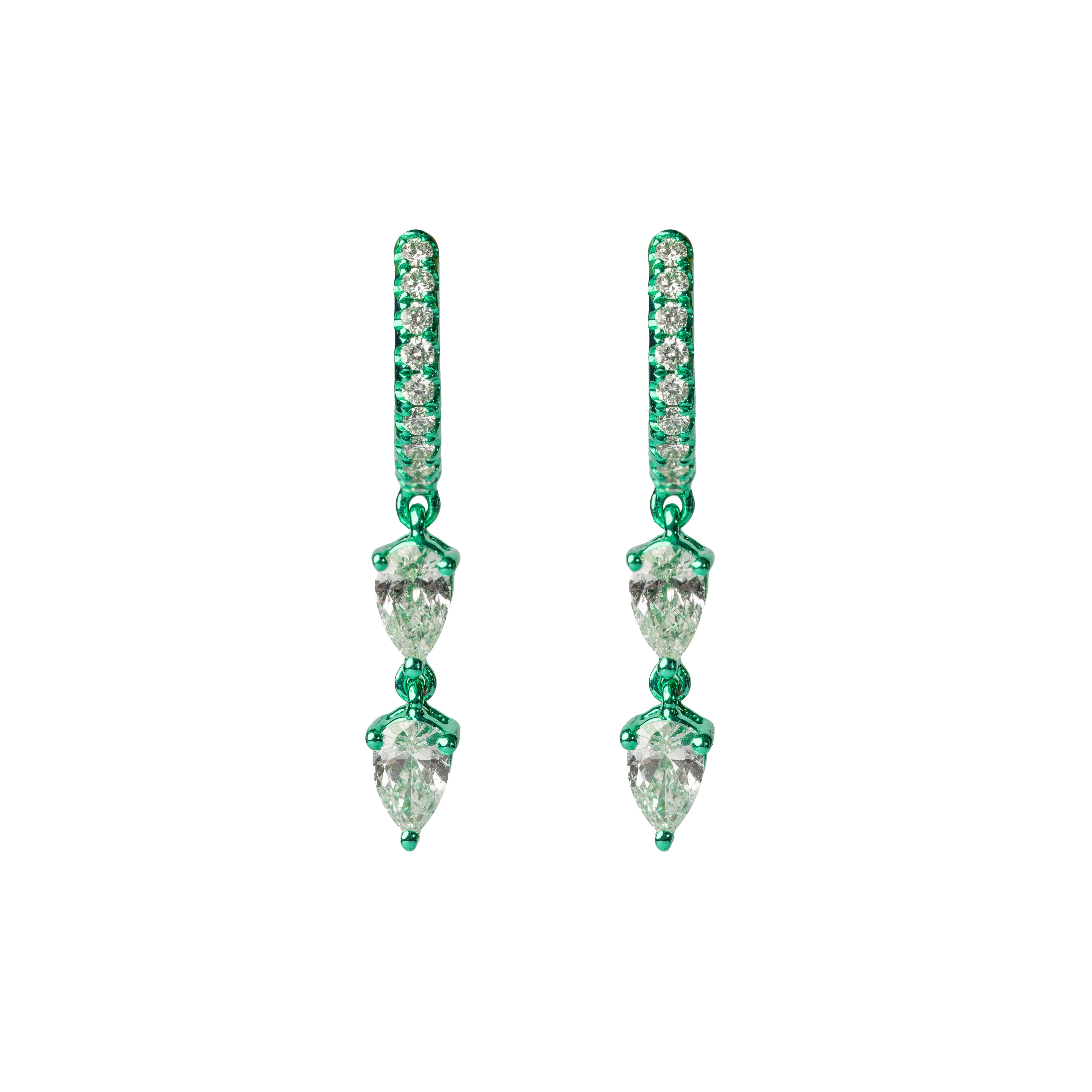 Green Rhodium Double Diamond Pear Hoop