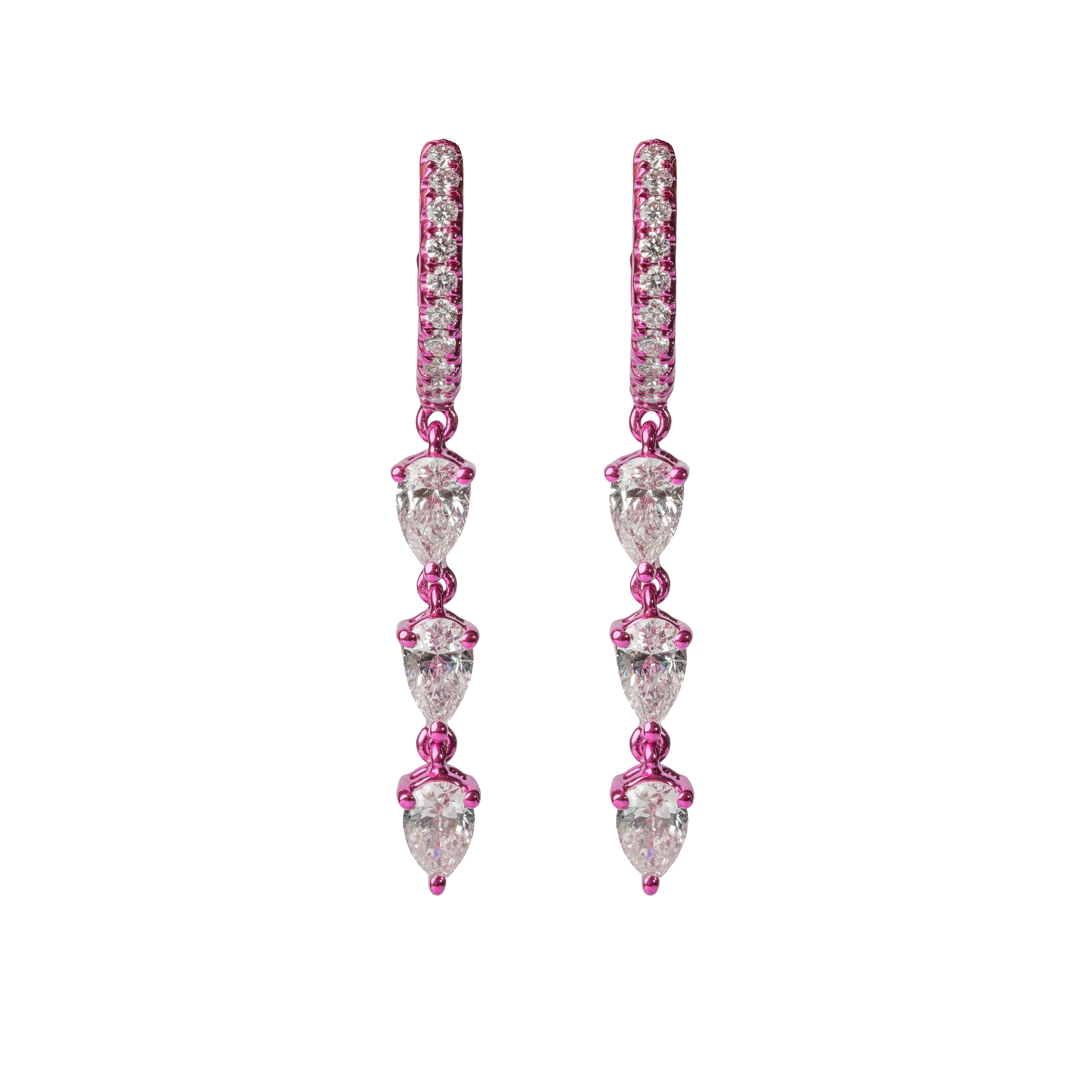 Pink Rhodium Triple Diamond Pear Hoop