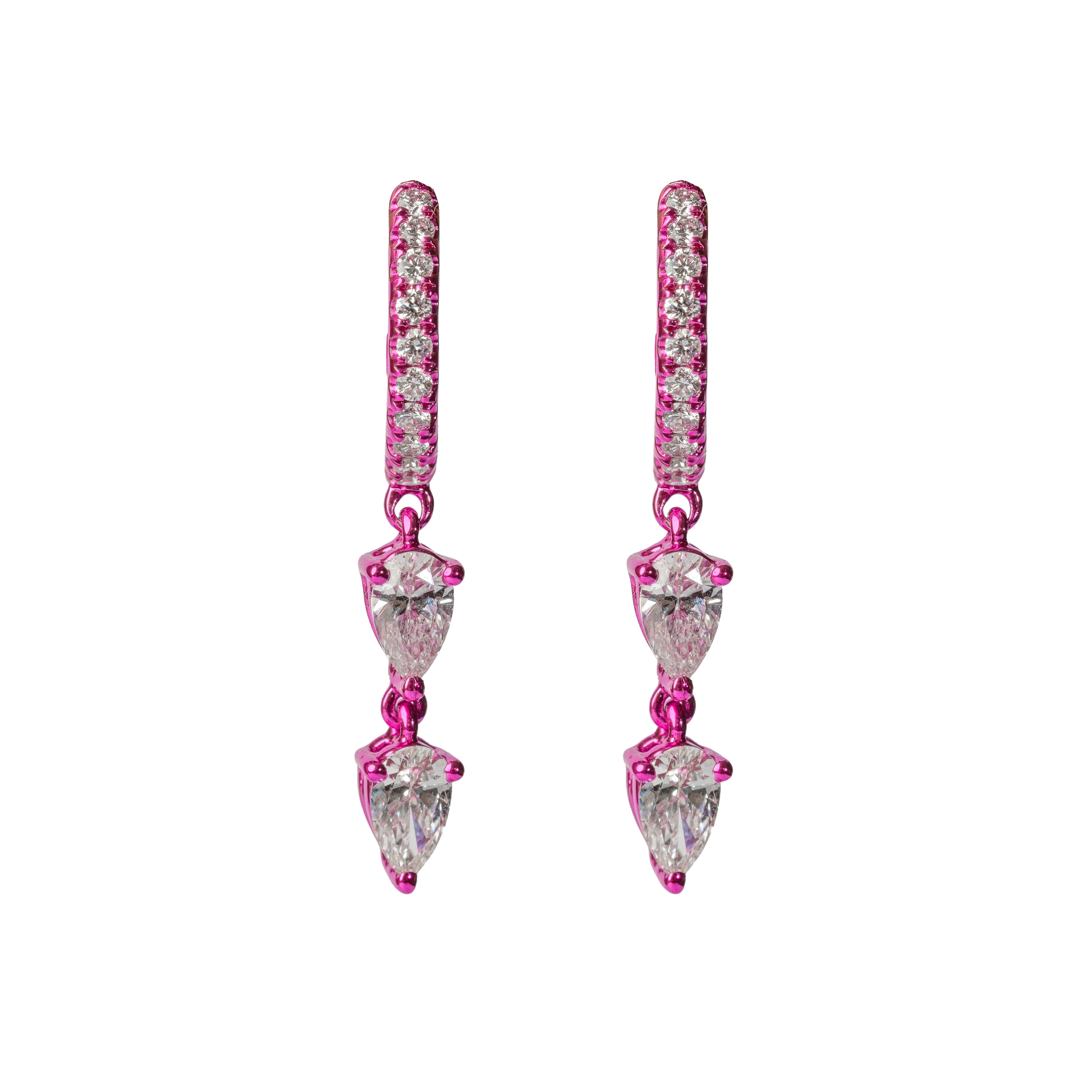 Pink Rhodium Double Diamond Pear Hoop