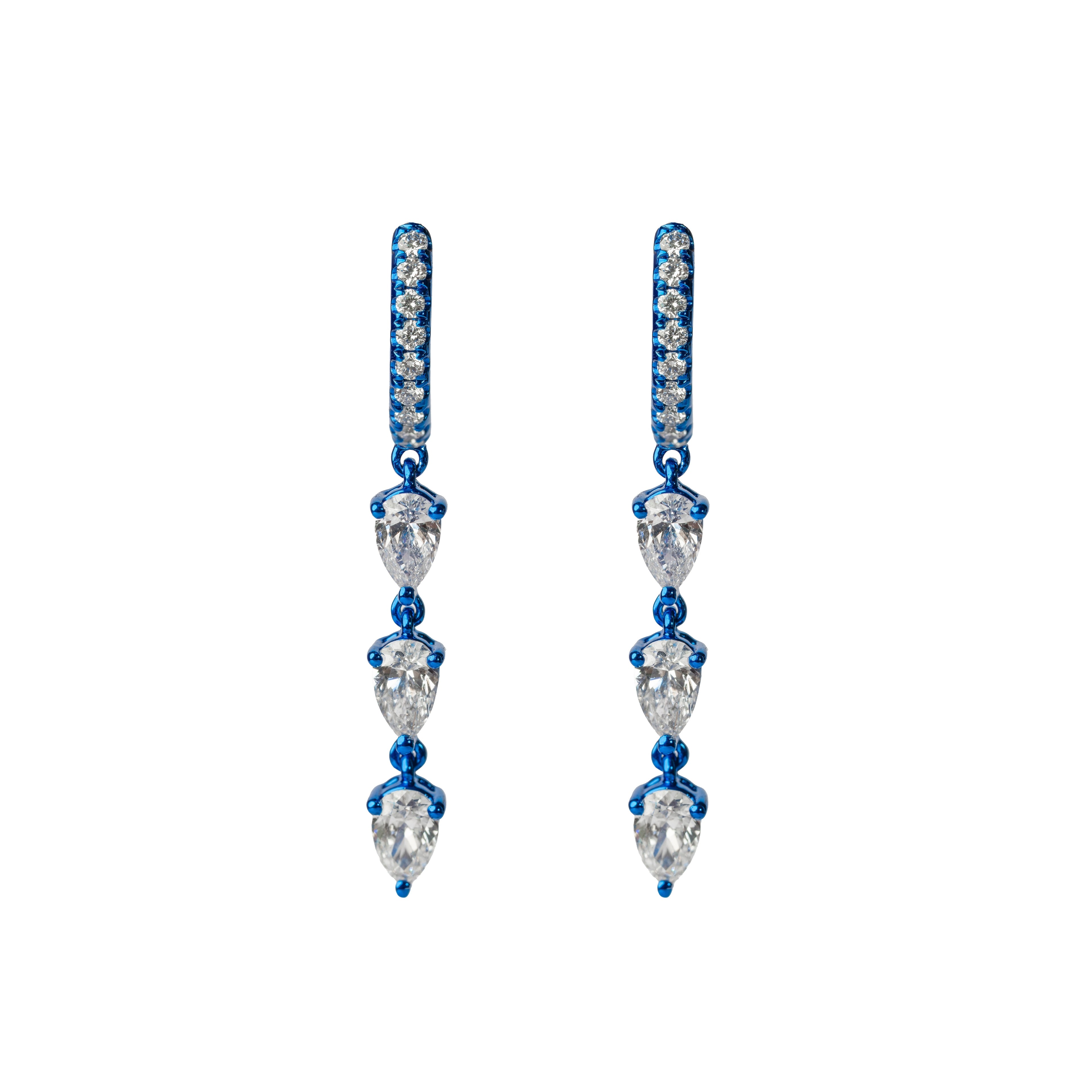 Blue Rhodium Triple Diamond Pear Hoop