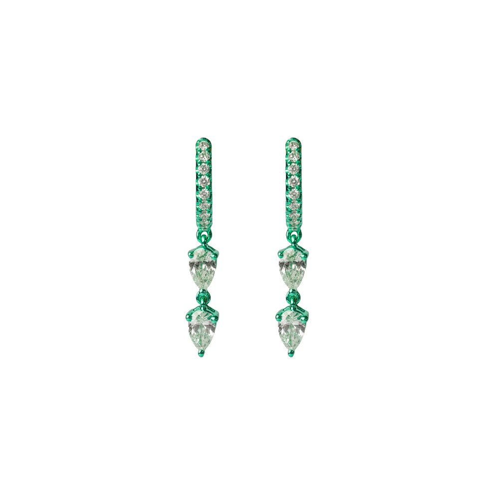 Green Rhodium Double Diamond Pear Hoop