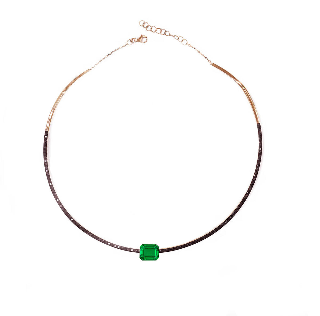 Black Diamond Choker with Emerald Cut Zambian Emerald
