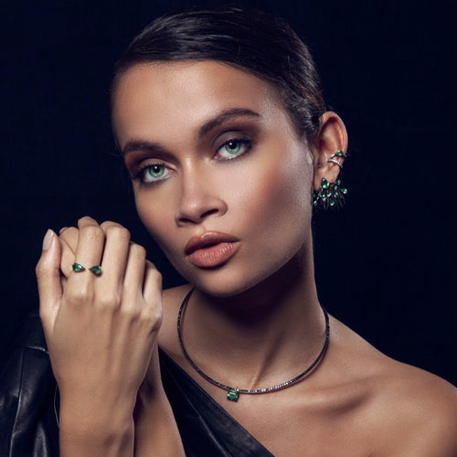 Black Diamond Choker with Emerald Cut Zambian Emerald