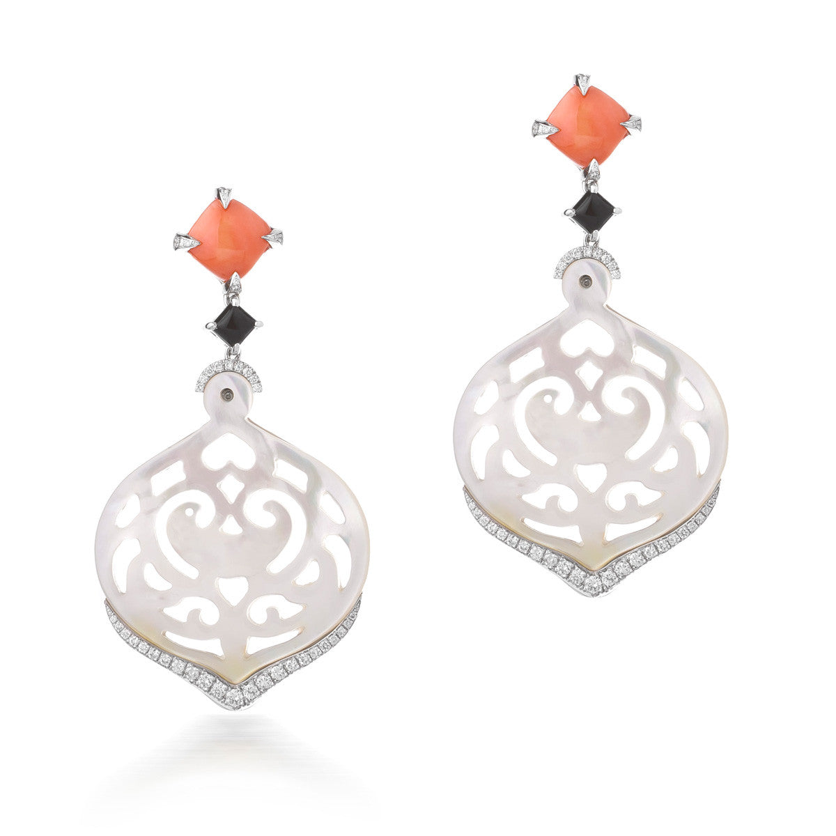 Carved Mother of Pearl and Coral Earrings